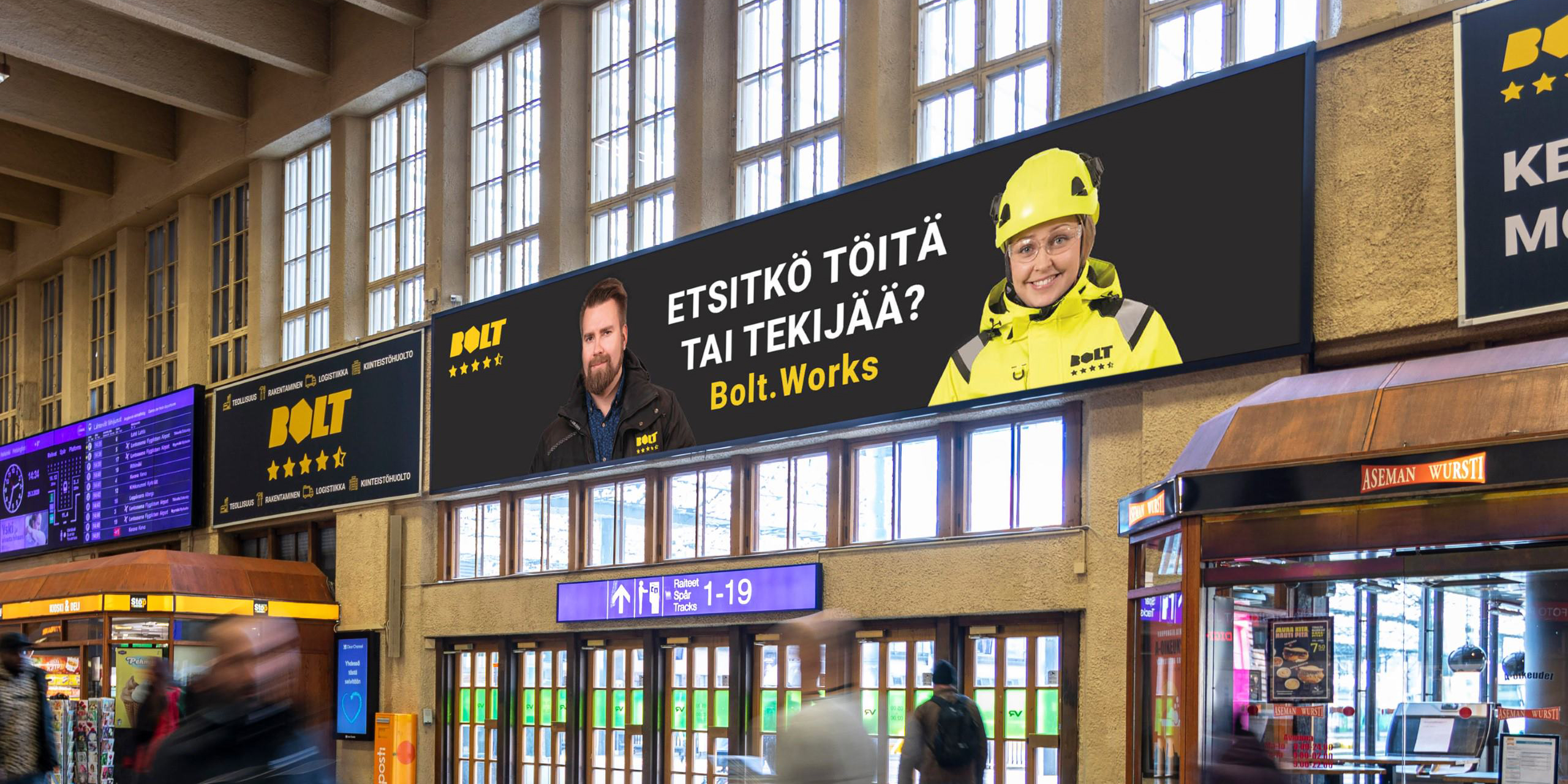 Bolt.works mainos Helsingin Päärautatieaseman mediapinnassa